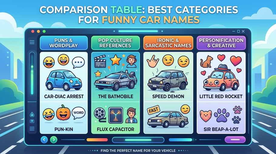 Comparison Table: Best Categories for Funny Car Names